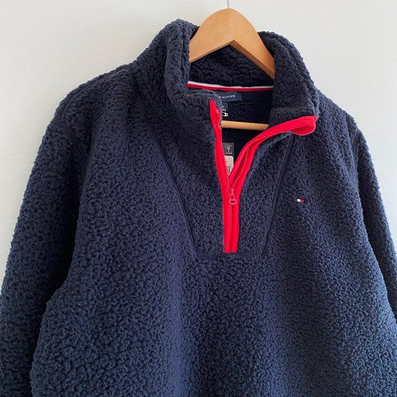 Tommy Hilfiger Sherpa Quarter-Zip Pullover Mock neck Sweater with Thumb holes, L - Picture 2 of 9